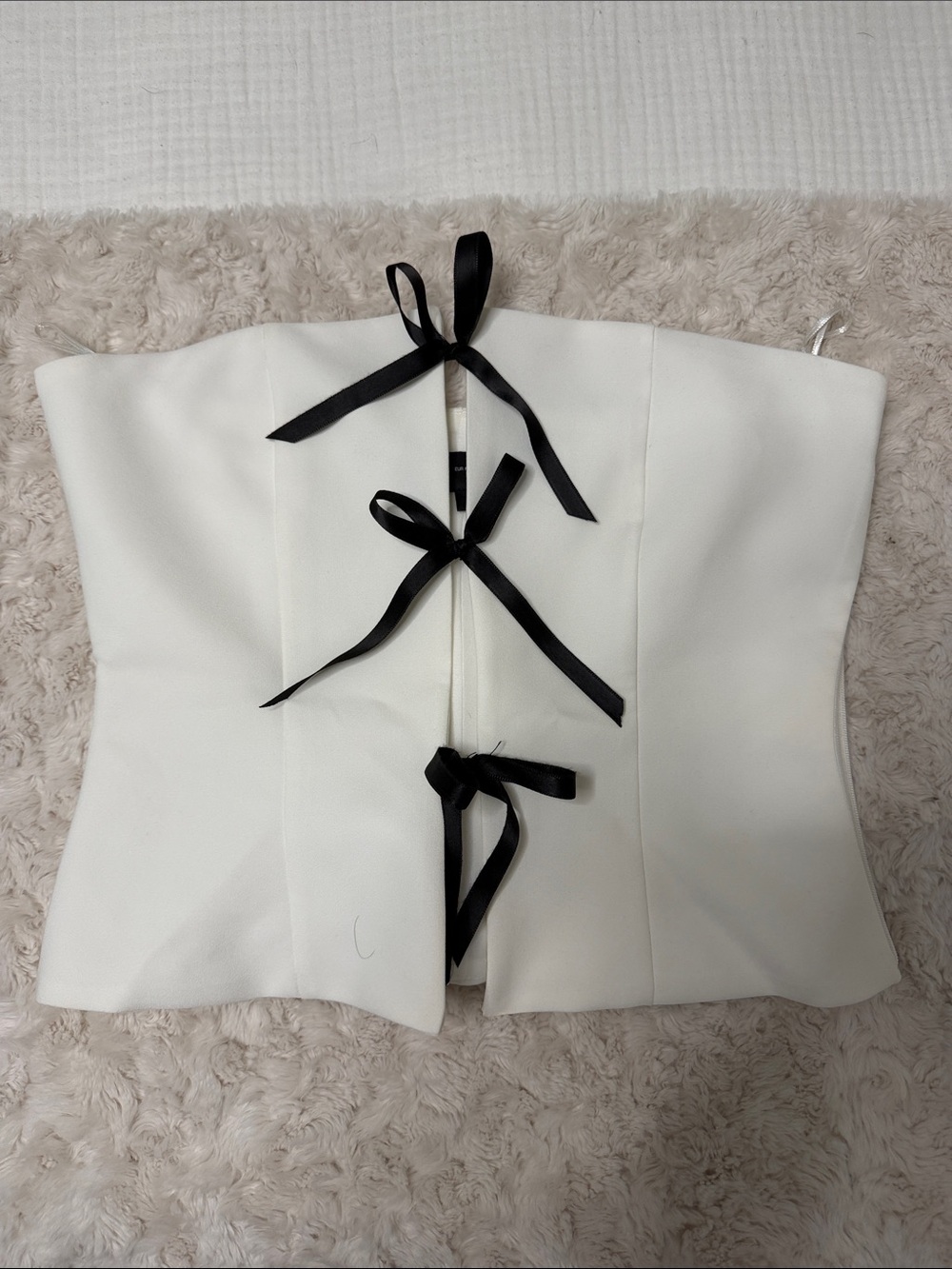 Zara White Strapless Crop Top with Black Ribbon Ties